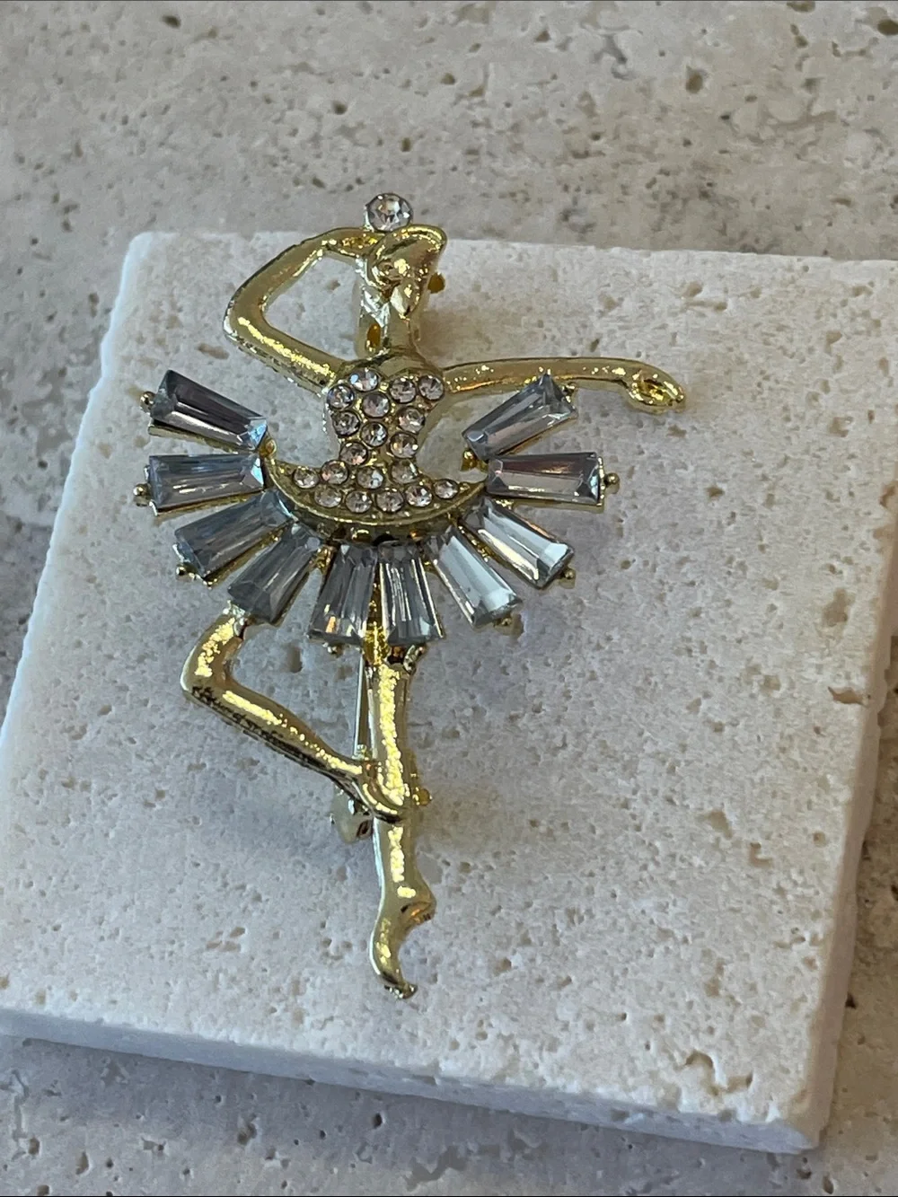 Saks Fifth Avenue Gold Tone Ballerina Brooch Clear Crystal Pin